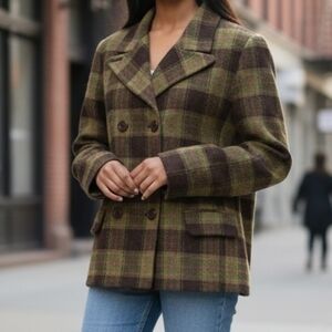 Jones New York Wool Plaid Pea Coat in Green and Brown 6762